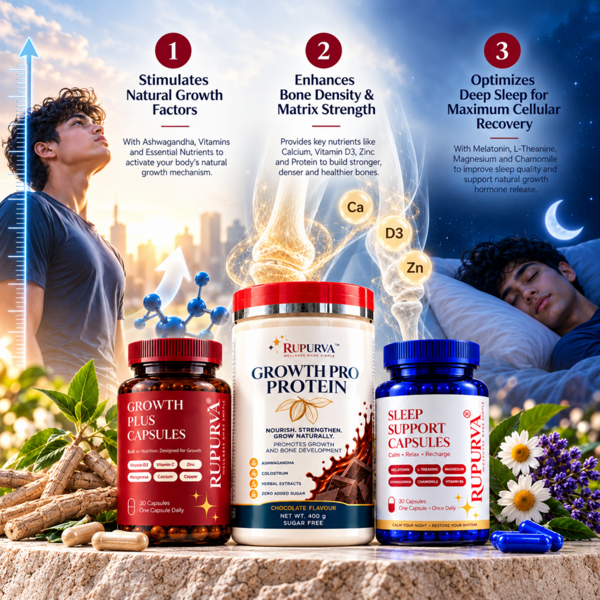 Ultimate Growth Stack | Day & Night Wellness Stack | Daily Nutrition Bundle - Rupurva | Wellness made Simple